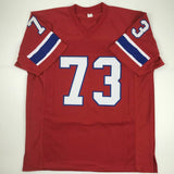 Autographed/Signed JOHN HANNAH HOF 91 New England Red Football Jersey JSA COA