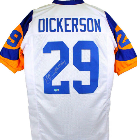 Eric Dickerson Autographed White Pro Style Jersey w/HOF - Beckett W Holo *Silver