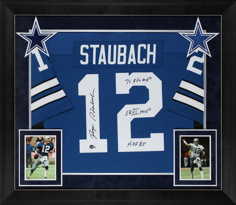 Cowboys Roger Staubach "3x Insc" Signed Blue TB M&N Framed Jersey BAS Witnessed