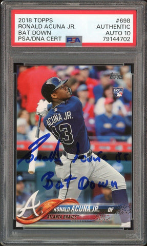 2018 Topps #698 Ronald Acuna Jr. RC Full Name Signed Bat Down PSA 10 Auto BAS