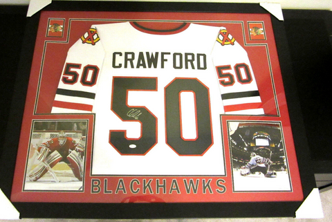 Corey Crawford Signed Blackhawks 35x43 Framed Jersey (JSA COA) 2XCup Champion
