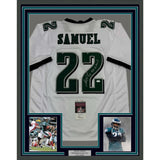 Framed Autographed/Signed Asante Samuel Sr 35x39 White Football Jersey JSA COA