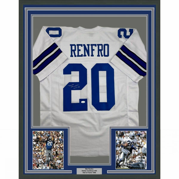 FRAMED Autographed/Signed MEL RENFRO HOF 96 33x42 Dallas White Jersey JSA COA