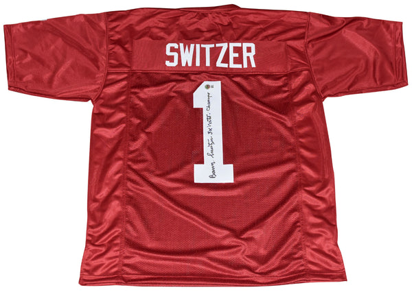 BARRY SWITZER AUTOGRAPHED OKLAHOMA SOONERS #1 JERSEY W/ 3X NATL CHAMPS
