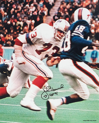 John Hannah Signed Patriots White Jersey Action 16x20 Photo w/HOF (SCHWARTZ COA)