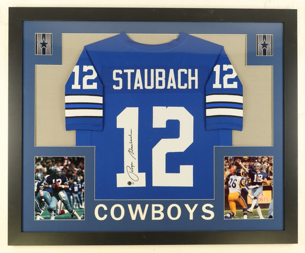 Roger Staubach Signed Dallas Cowboys 35"x 43" Framed Jersey (Beckett) All Pro QB