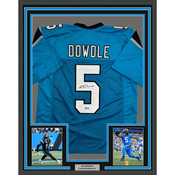 Framed Autographed/Signed Rico Dowdle 35x39 Carolina Blue Jersey BAS COA