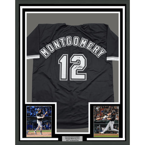 Framed Autographed Colson Montgomery 35x39 Chicago Black Jersey BAS COA