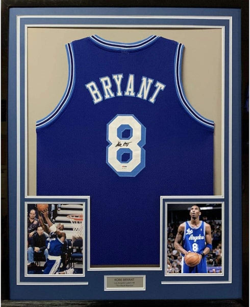 FRAMED Autographed/Signed KOBE BRYANT 35x39 Los Angeles Blue Jersey PSA COA
