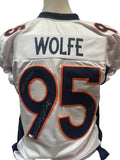 Derek Wolfe Autographed White Broncos Jersey Inscribed "SB 50 Champs" BAS COA