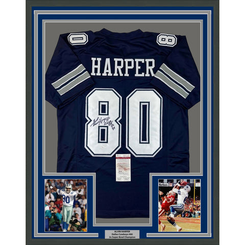 Framed Autographed/Signed Alvin Harper 33x42 2x SB Champ Blue Jersey JSA COA