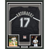 Framed Autographed/Signed Sam Antonacci 35x39 Chicago Black Jersey BAS COA