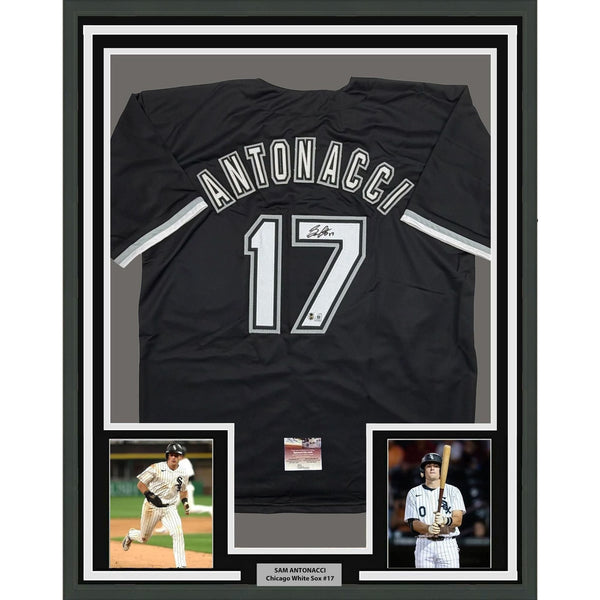 Framed Autographed/Signed Sam Antonacci 35x39 Chicago Black Jersey BAS COA