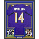 Framed Autographed/Signed Kyle Hamilton 35x39 Baltimore Purple Jersey BAS COA