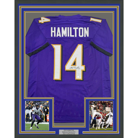 Framed Autographed/Signed Kyle Hamilton 35x39 Baltimore Purple Jersey BAS COA