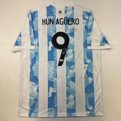 Autographed/Signed Sergio Kun Aguero 2021 Argentina Blue Soccer Jersey BAS COA