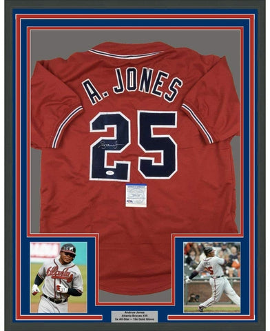 Framed Autographed/Signed Andruw Jones 35x39 Atlanta Red Jersey PSA/DNA COA
