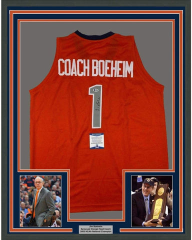 Framed Autographed/Signed Jim Boeheim 35x39 Syracuse Orange Coach Jersey JSA COA