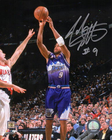 John Starks Signed Jazz Purple Jersey Shooting Action 8x10 Photo -(SCHWARTZ COA)