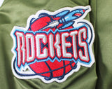 Rockets Hakeem Olajuwon & Clyde Drexler Signed Green M&N Bomber Jacket BAS Wit