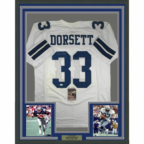 FRAMED Autographed/Signed TONY DORSETT 33x42 Dallas White Jersey JSA COA Auto