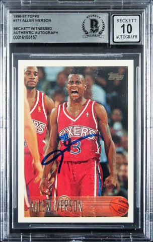 76ers Allen Iverson Signed 1996 Topps #171 Rookie Card Auto 10! BAS Slabbed 2