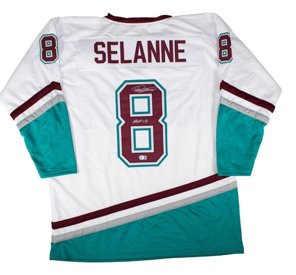Teemu Selanne Anaheim Signed White Hockey Jersey HOF 17 BAS