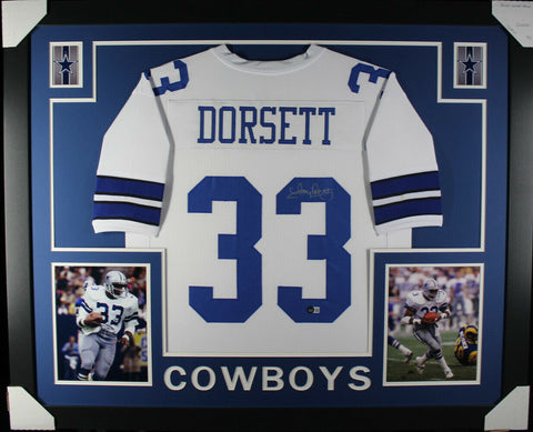 Tony Dorsett Autographed/Signed Pro Style Framed White XL Jersey Beckett 36193