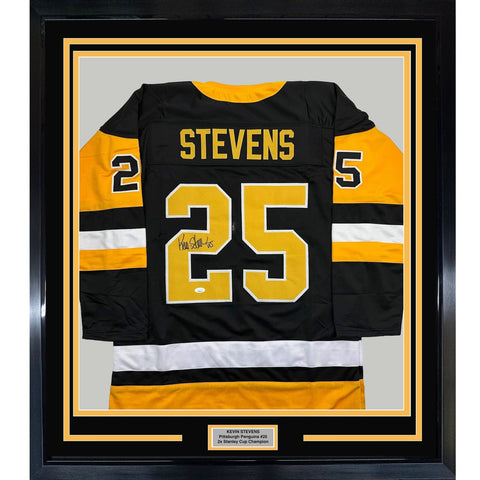 Framed Signed Kevin Stevens 35x39 Pittsburgh Black Jersey JSA COA