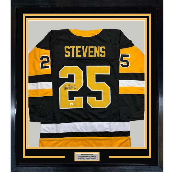 Framed Signed Kevin Stevens 35x39 Pittsburgh Black Jersey JSA COA