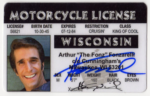 Henry Winkler Signed Happy Days Fonzarelli Wisconsin Drivers License - (SS COA)
