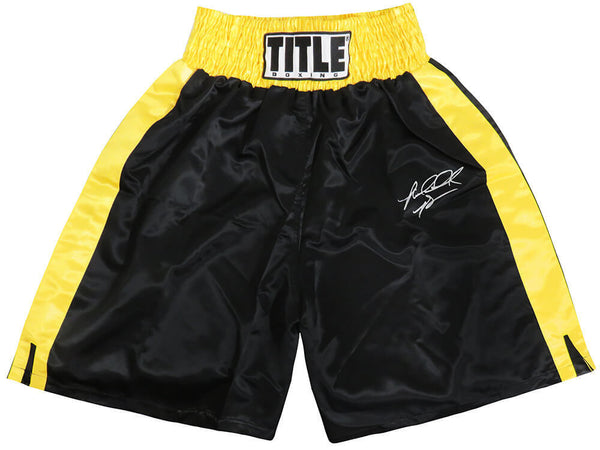 Riddick Bowe Signed Title Black & Gold Trim Boxing Trunks - (SCHWARTZ COA)