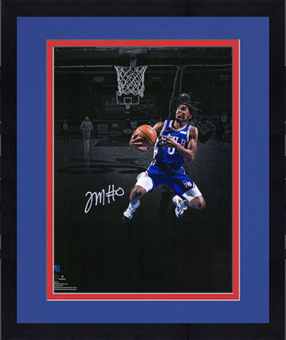 Framed Tyrese Maxey Philadelphia 76ers Signed 8x10 Lay Up In Blue Photo