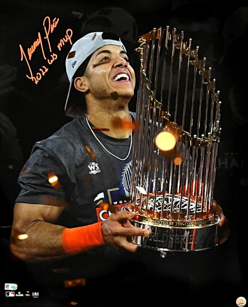 Jeremy Pena Astros Signed 2022 World Series MVP Insc Trophy Spotlight 16x20 MLB