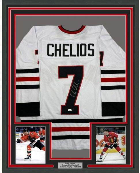 Framed Autographed/Signed Chris Chelios 33x42 Chicago White Jersey JSA COA Auto
