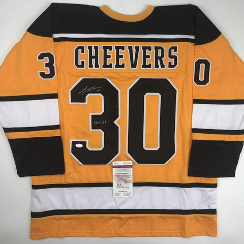 Autographed/Signed GERRY CHEEVERS HOF 85 Boston Yellow Hockey Jersey JSA COA