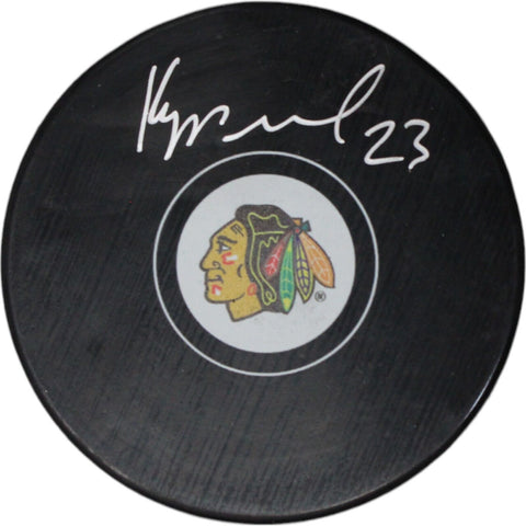 Phillipp Kurashev Autographed/Signed Chicago Blackhawks Hockey Puck FAN 46926