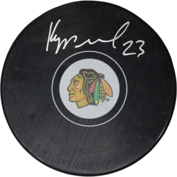 Phillipp Kurashev Autographed/Signed Chicago Blackhawks Hockey Puck FAN 46926