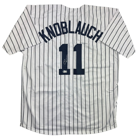 Autographed/Signed Chuck Knoblauch NY Pinstripe Baseball Jersey BAS COA