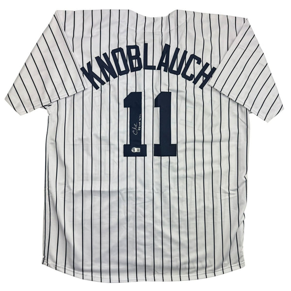 Autographed/Signed Chuck Knoblauch NY Pinstripe Baseball Jersey BAS COA