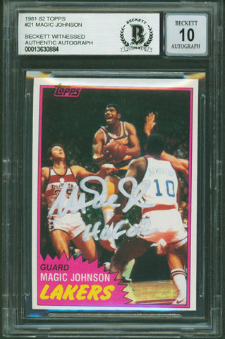 Magic Johnson "HOF 02" Signed 1981 Topps #21 Card Auto 10! BAS Slab #13630884