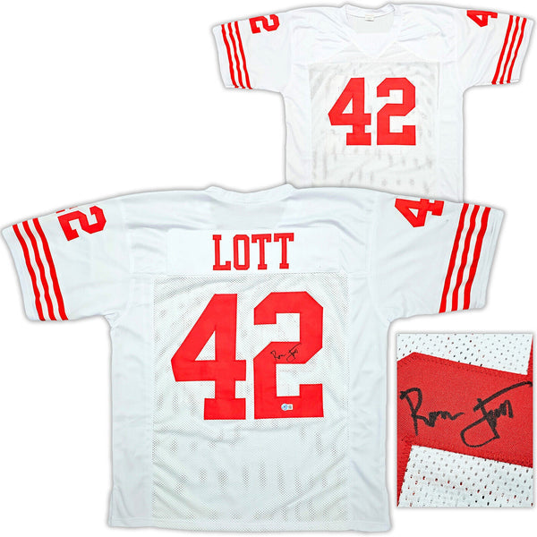 SAN FRANCISCO 49ERS RONNIE LOTT AUTOGRAPHED WHITE JERSEY BECKETT WITNESS 214998