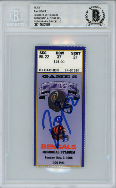 Ray Lewis Autographed/Signed 11/3/1996 vs Bengals Ticket Beckett Slab 39186