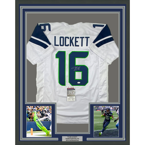 Framed Autographed/Signed Tyler Lockett 33x42 Seattle White Jersey JSA COA