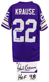 Paul Krause VIKINGS Signed Purple Custom Football Jersey w/HOF'98 - SCHWARTZ COA