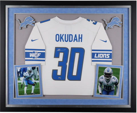 Jeff Okudah Detroit Lions Deluxe Framed Autographed White Nike Game Jersey
