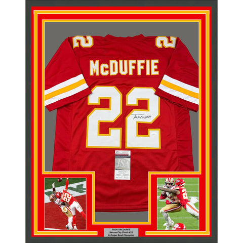 Framed Autographed/Signed Trent McDuffie 35x39 Kansas City Red Jersey JSA COA