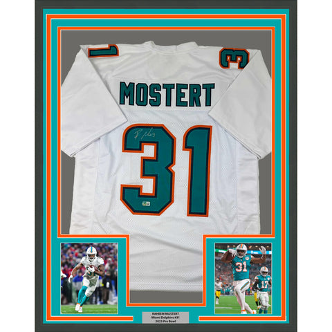 Framed Autographed/Signed Raheem Mostert 33x42 Miami White Jersey BAS COA