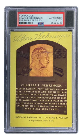 Charlie Gehringer Signed 4x6 Detroit Tigers HOF Plaque Card PSA/DNA 85025740