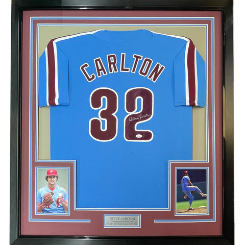 FRAMED Signed STEVE CARLTON 35x39 Philadelphia Blue Jersey JSA COA